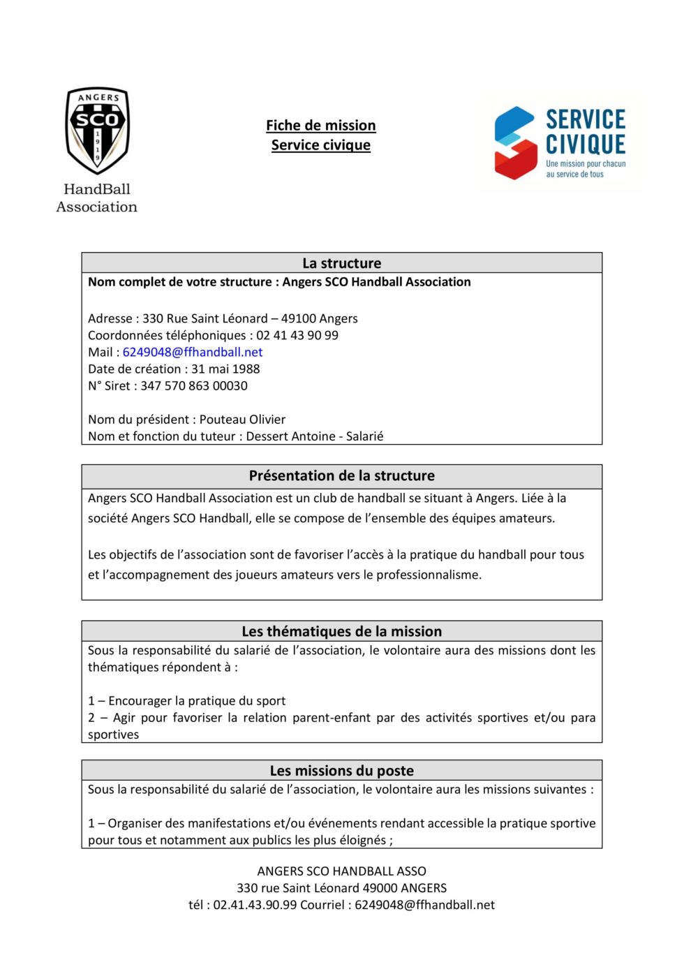 Angers SCO Handball recherche un volontaire en service civique  Angers
